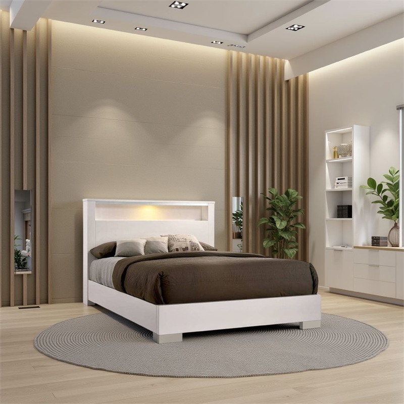 Bowery Hill Queen Size Bed with Open Shelf and LED Light in White