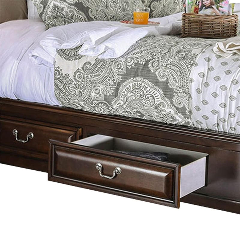 Bowery Hill Eastern King Bed with 6 Drawers and Wooden Inlay in Brown