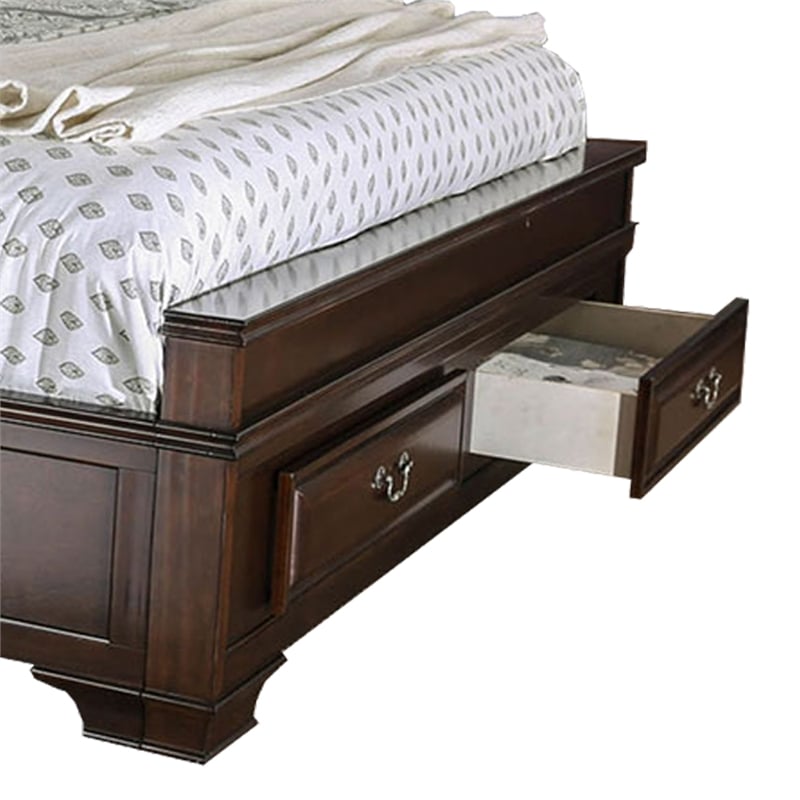 Bowery Hill Eastern King Bed with 6 Drawers and Wooden Inlay in Brown