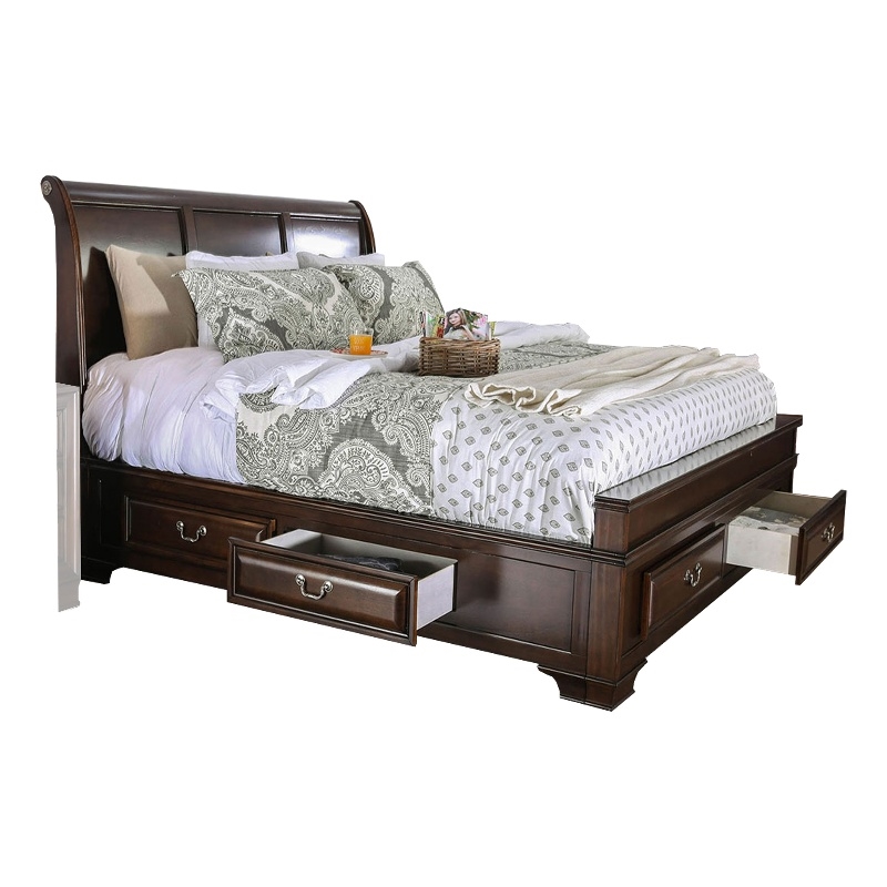 Bowery Hill Eastern King Bed with 6 Drawers and Wooden Inlay in Brown