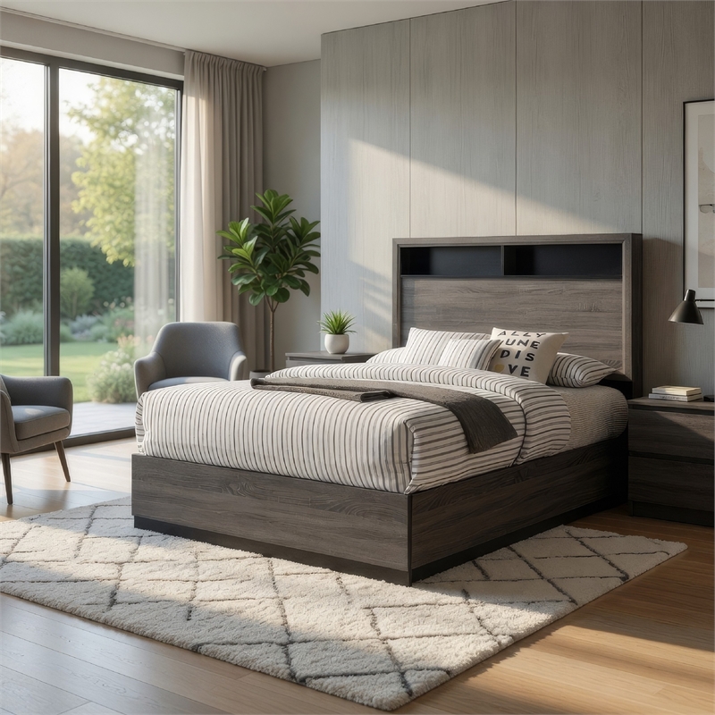 Bowery Hill Wooden Eastern King Bed with Bookcase Headboard in Gray