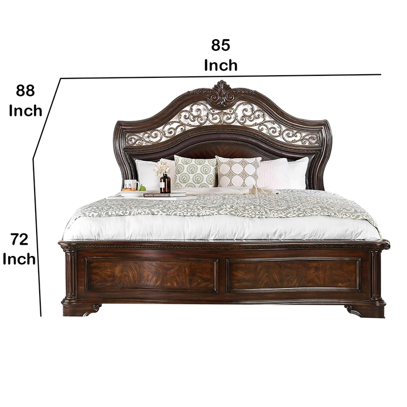 Bowery Hill Eastern King Wooden Bed with Carved Headboard in Brown