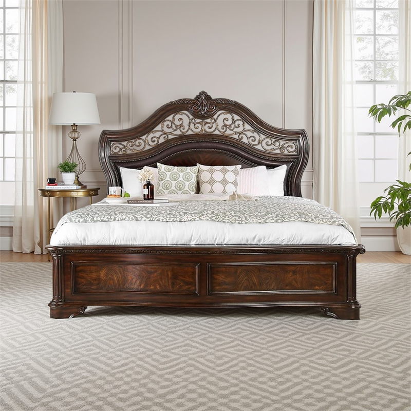 Bowery Hill Eastern King Wooden Bed with Carved Headboard in Brown