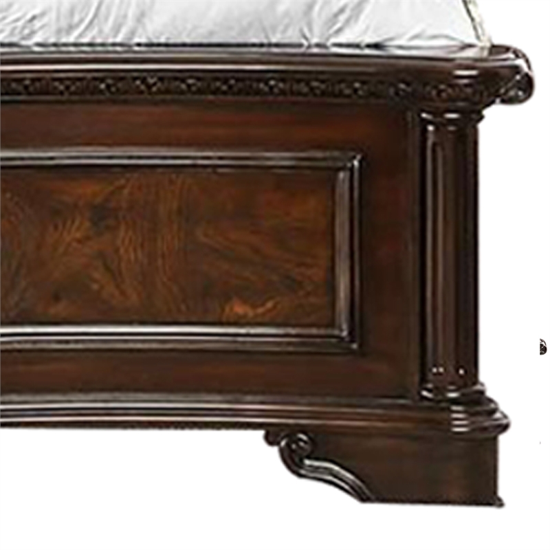 Bowery Hill Eastern King Wooden Bed with Carved Headboard in Brown