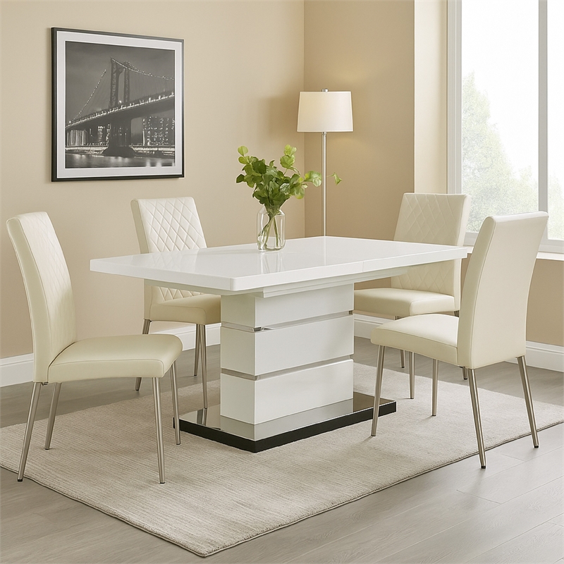 Bowery Hill Extendable Dining Table with Metal Base in White and Silver