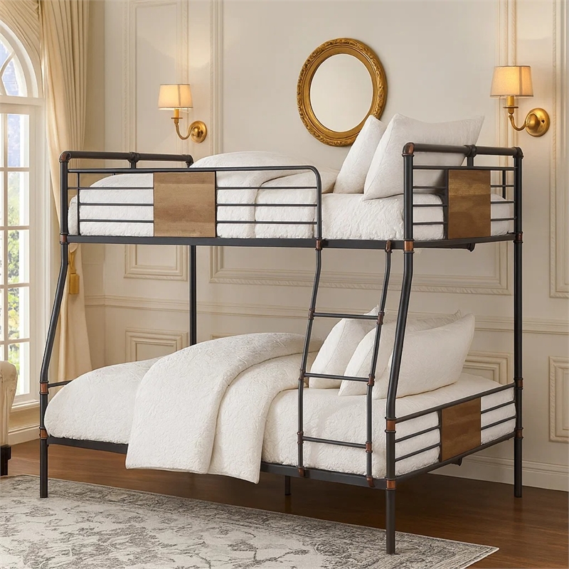 Bowery Hill Full Over Queen Metal Bunk Bed with Ladder in Black and Brown