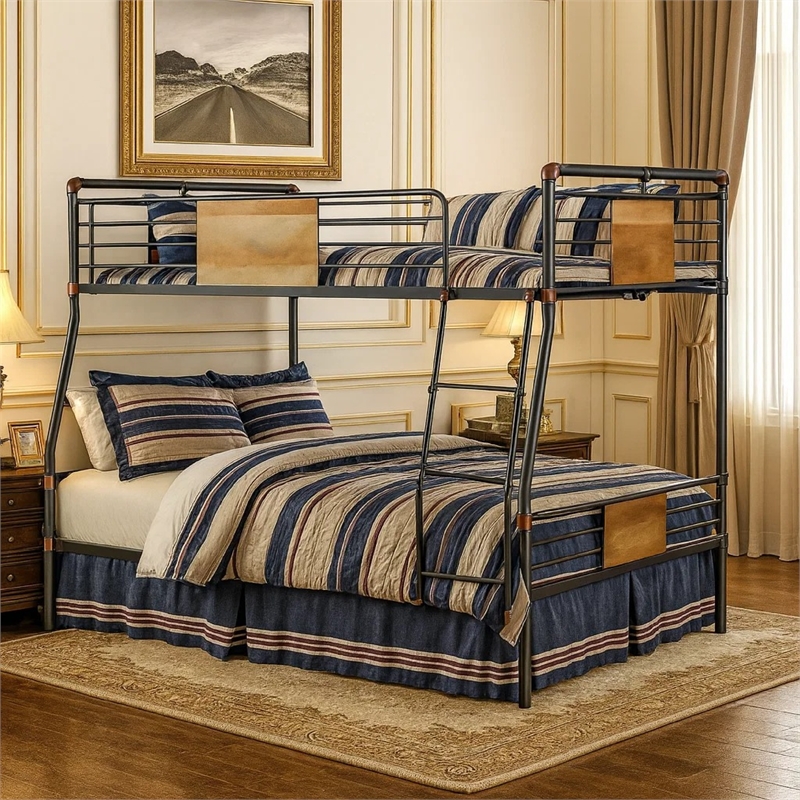 Bowery Hill Full Over Queen Metal Bunk Bed with Ladder in Black and Brown