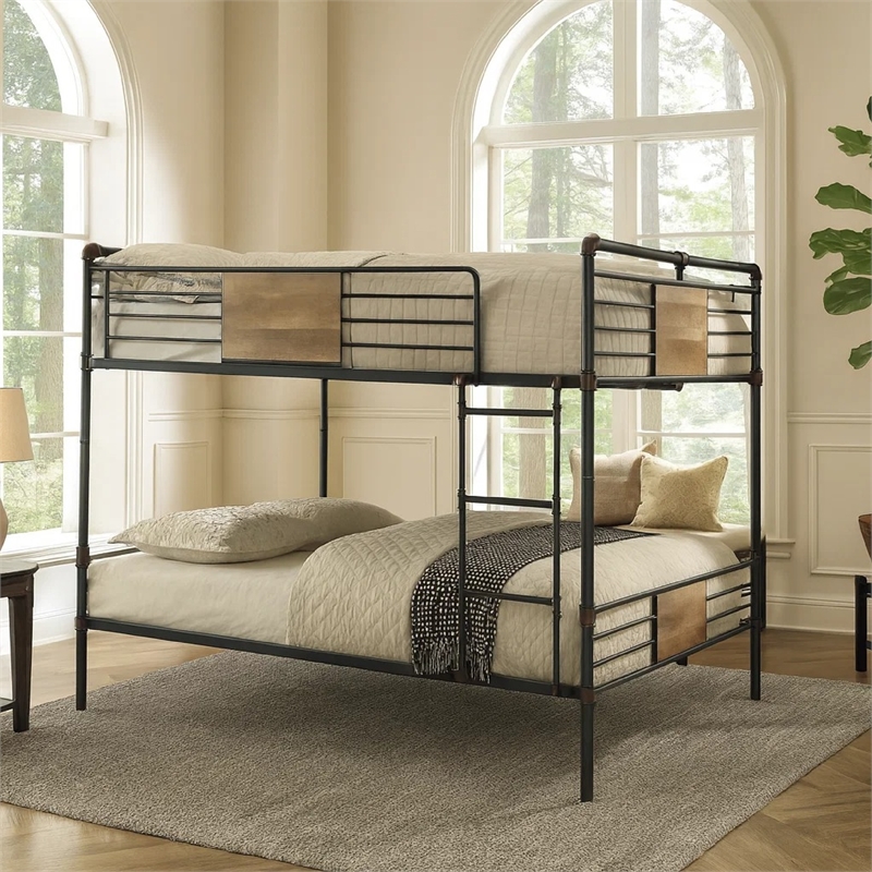 Bowery Hill Queen Over Queen Metal Bunk Bed with Ladder in Black and Brown