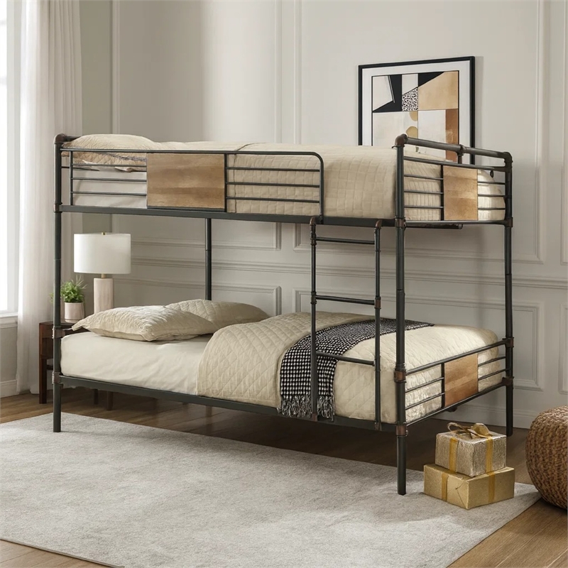 Bowery Hill Queen Over Queen Metal Bunk Bed with Ladder in Black and Brown