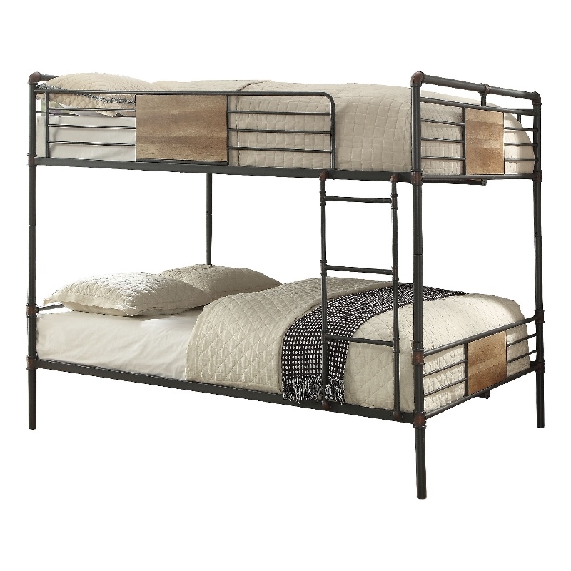 Bowery Hill Queen Over Queen Metal Bunk Bed with Ladder in Black and Brown