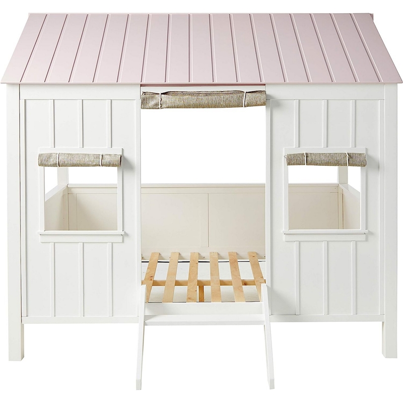 Bowery Hill Wooden Cottage House Full Bed with Curtains in White and Pink