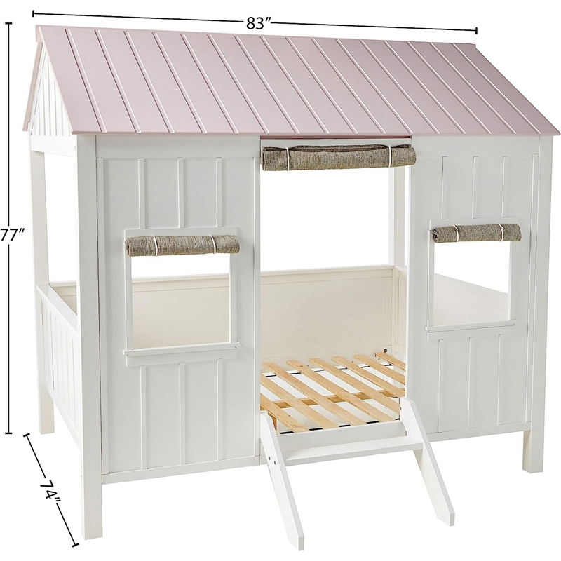 Bowery Hill Wooden Cottage House Full Bed with Curtains in White and Pink