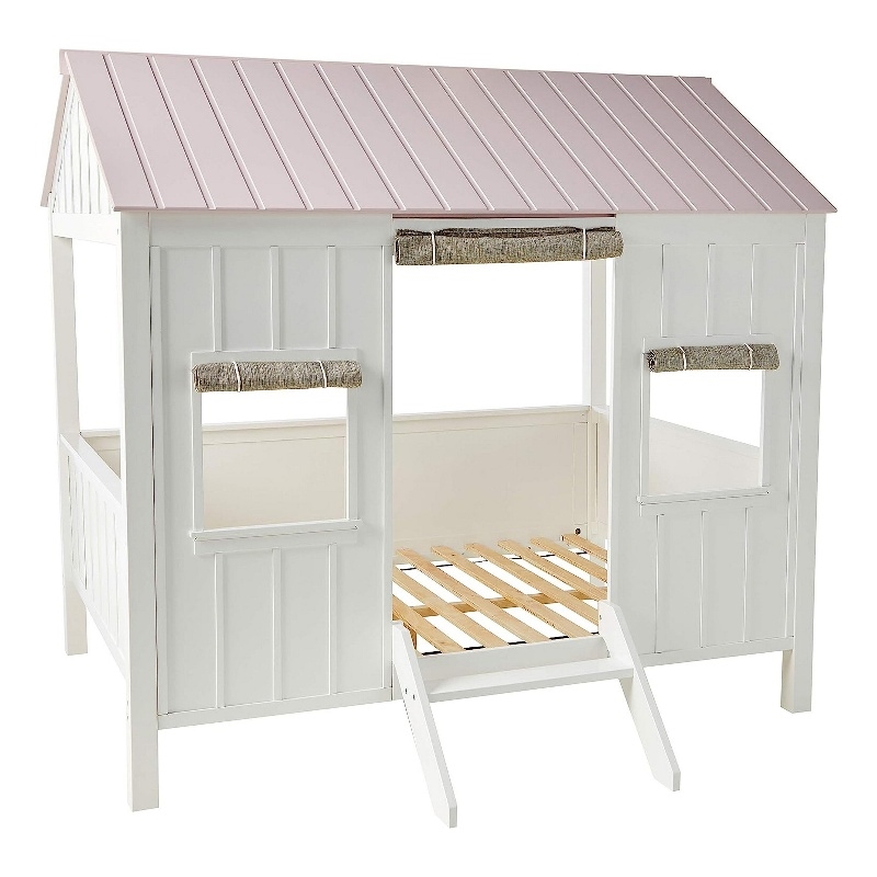 Bowery Hill Wooden Cottage House Full Bed with Curtains in White and Pink