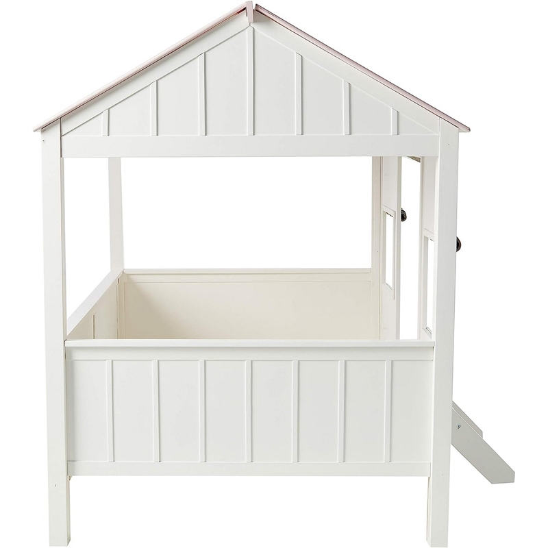 Bowery Hill Wooden Cottage House Full Bed with Curtains in White and Pink