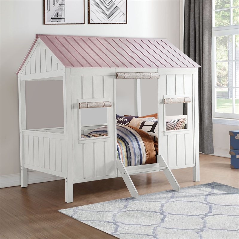 Bowery Hill Wooden Cottage House Full Bed with Curtains in White and Pink