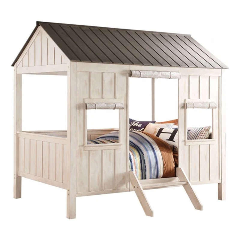 Bowery Hill Wooden Cottage Full Bed in Weathered White and Washed Gray