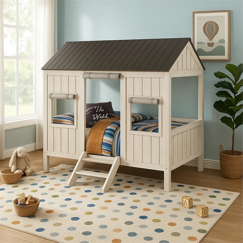 Bowery Hill Wooden Cottage Full Bed in Weathered White and Washed Gray