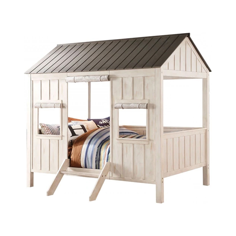 Bowery Hill Wooden Cottage Full Bed in Weathered White and Washed Gray