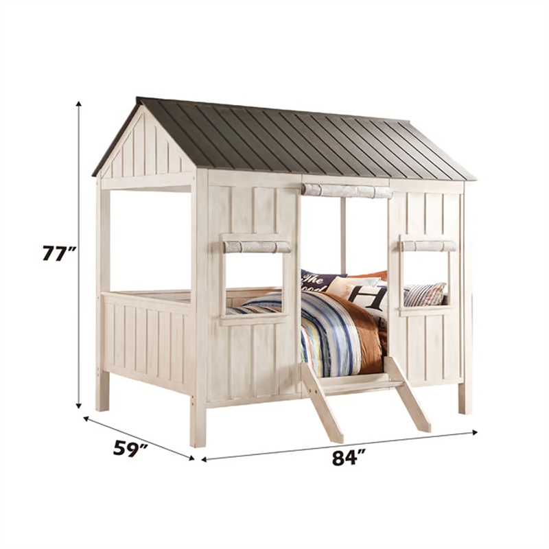 Bowery Hill Wooden Cottage Full Bed in Weathered White and Washed Gray