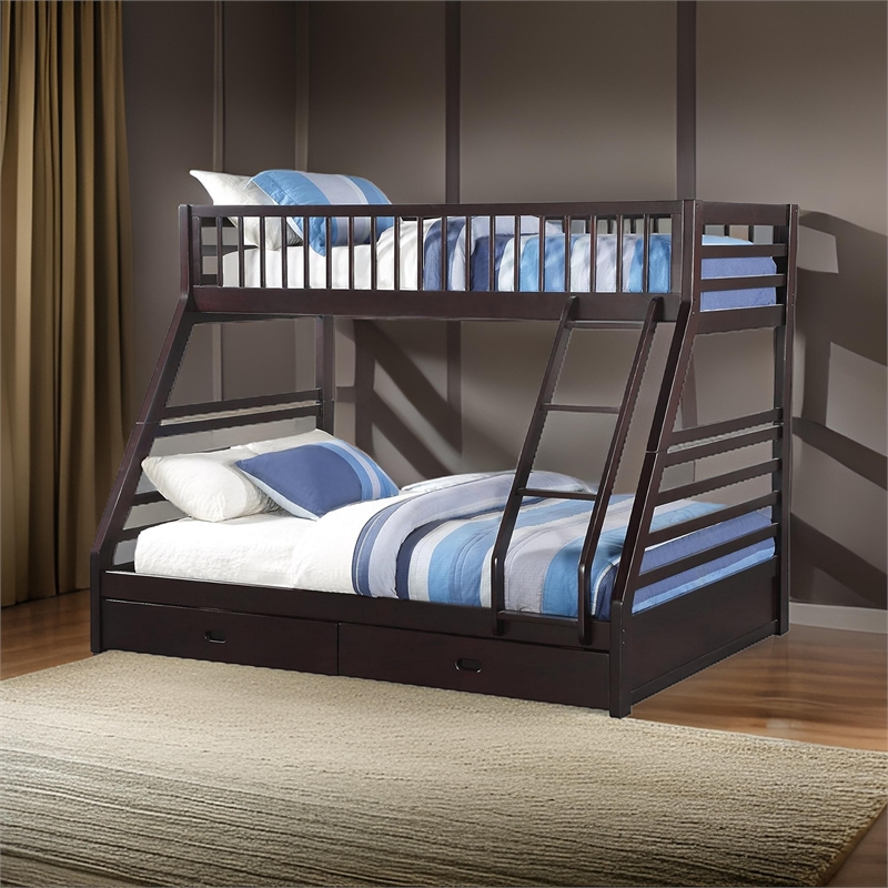 Bowery Hill Twin XL Over Queen Bunk Bed with Drawers in Espresso Brown