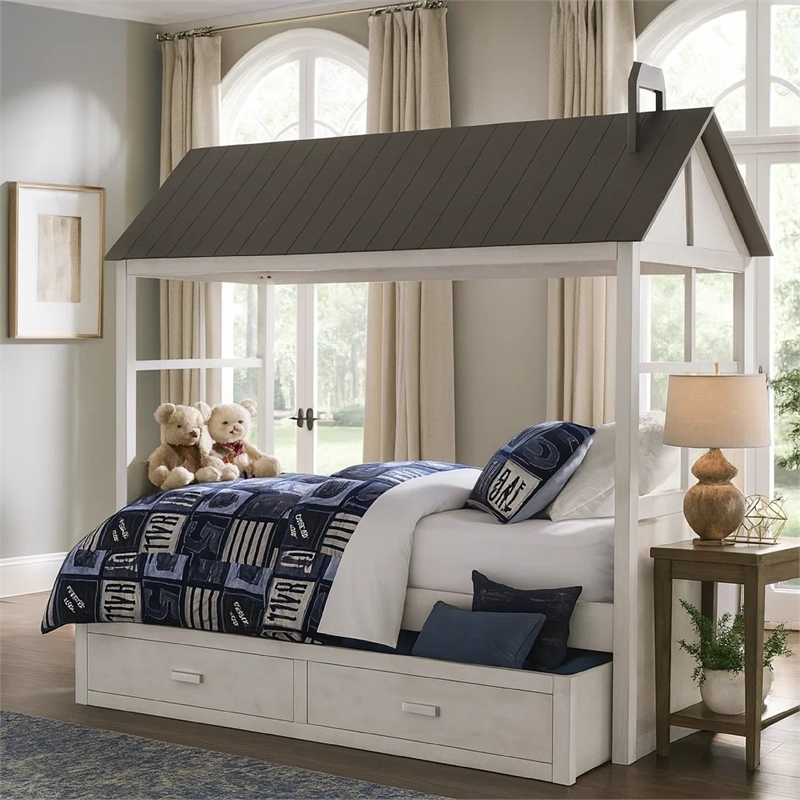 Bowery Hill Tree House Wooden Twin Size Bed with Trundle in White and Gray