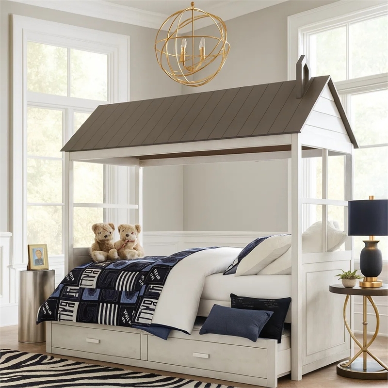 Bowery Hill Tree House Wooden Twin Size Bed with Trundle in White and Gray