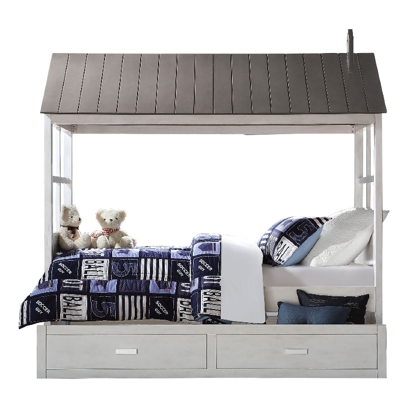 Bowery Hill Tree House Wooden Twin Size Bed with Trundle in White and Gray