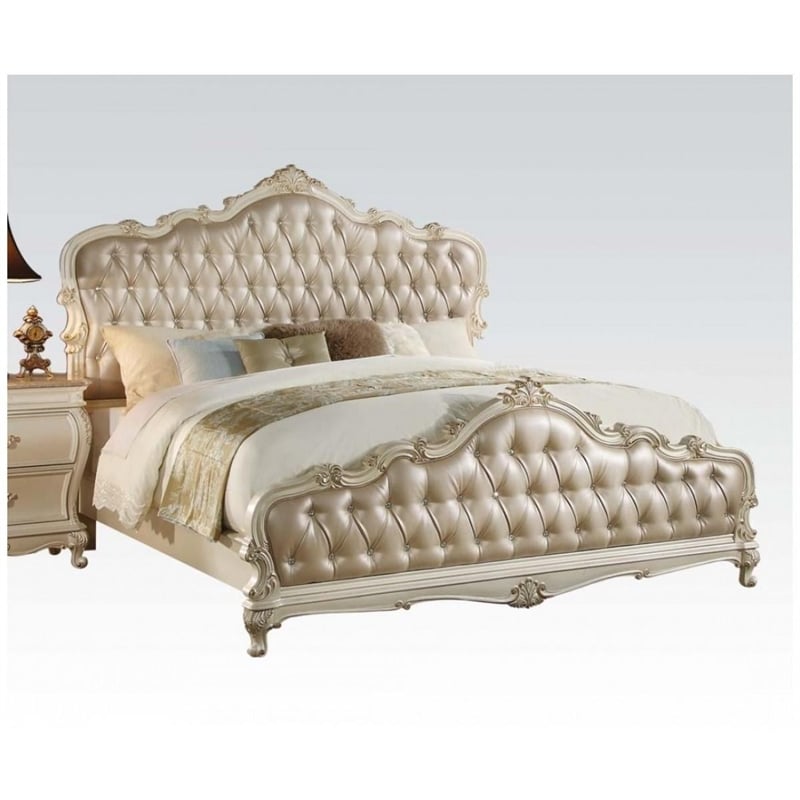 Bowery Hill Classy Traditional Style Queen Bed in Gold and White