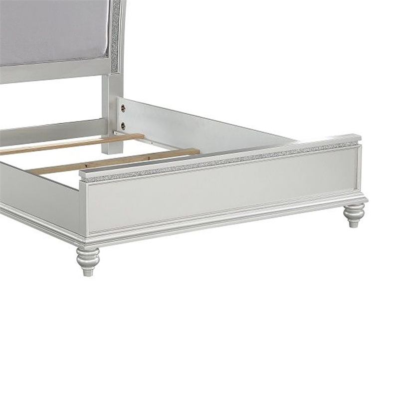 Bowery Hill Queen Size Bed with Rhinestone Inlay Headboard in Gray White