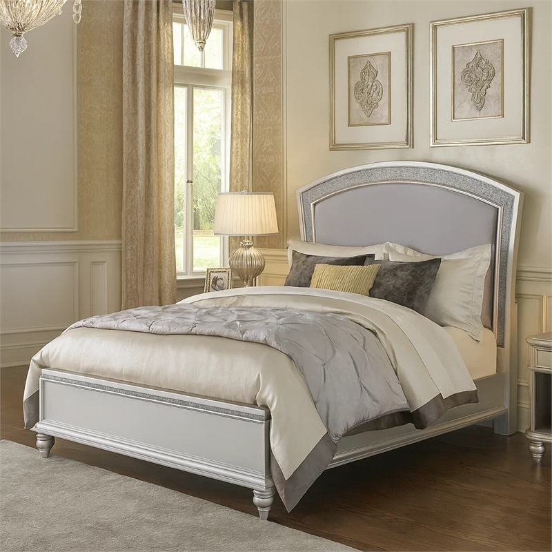 Bowery Hill Queen Size Bed with Rhinestone Inlay Headboard in Gray White