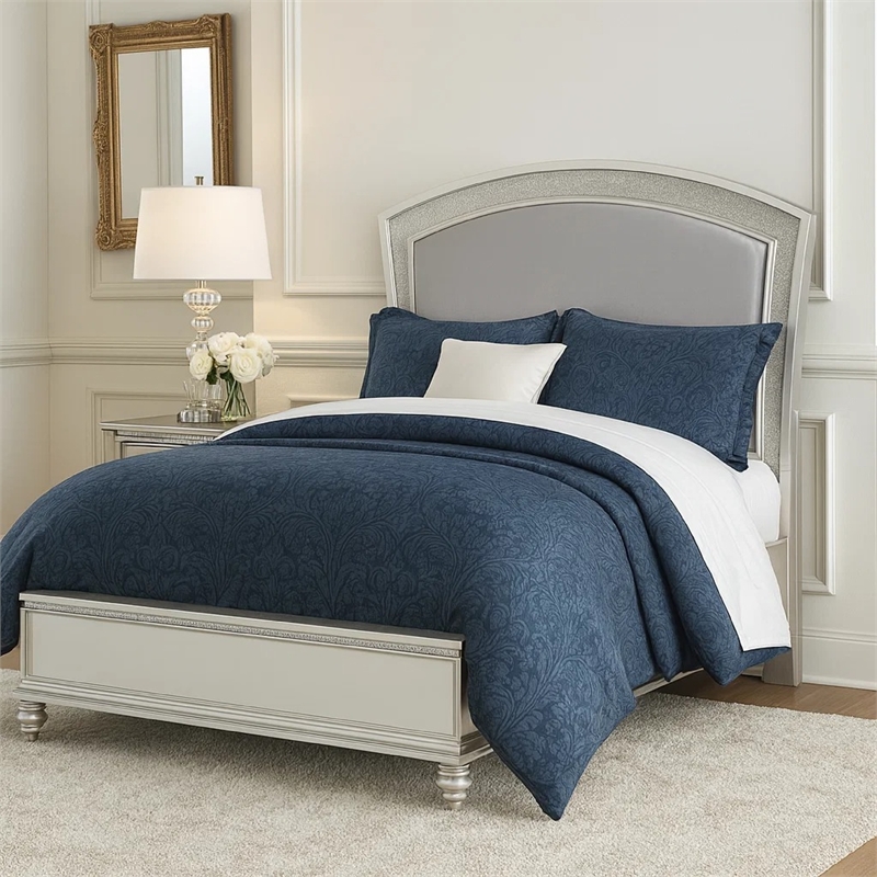 Bowery Hill Queen Size Bed with Rhinestone Inlay Headboard in Gray White