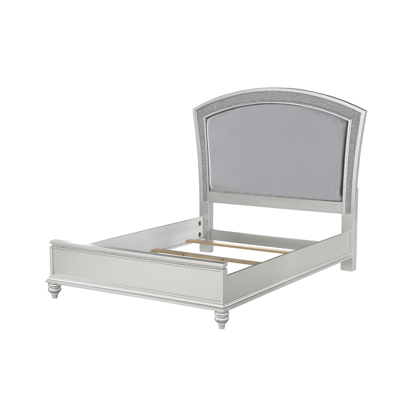Bowery Hill Queen Size Bed with Rhinestone Inlay Headboard in Gray White