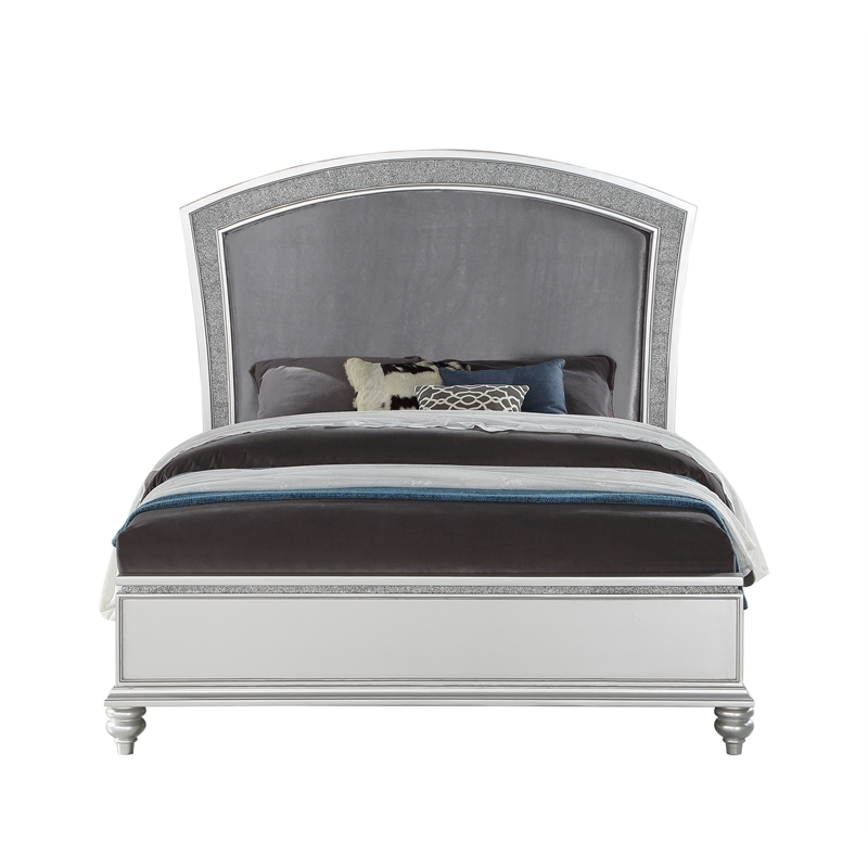 Bowery Hill Queen Size Bed with Rhinestone Inlay Headboard in Gray White