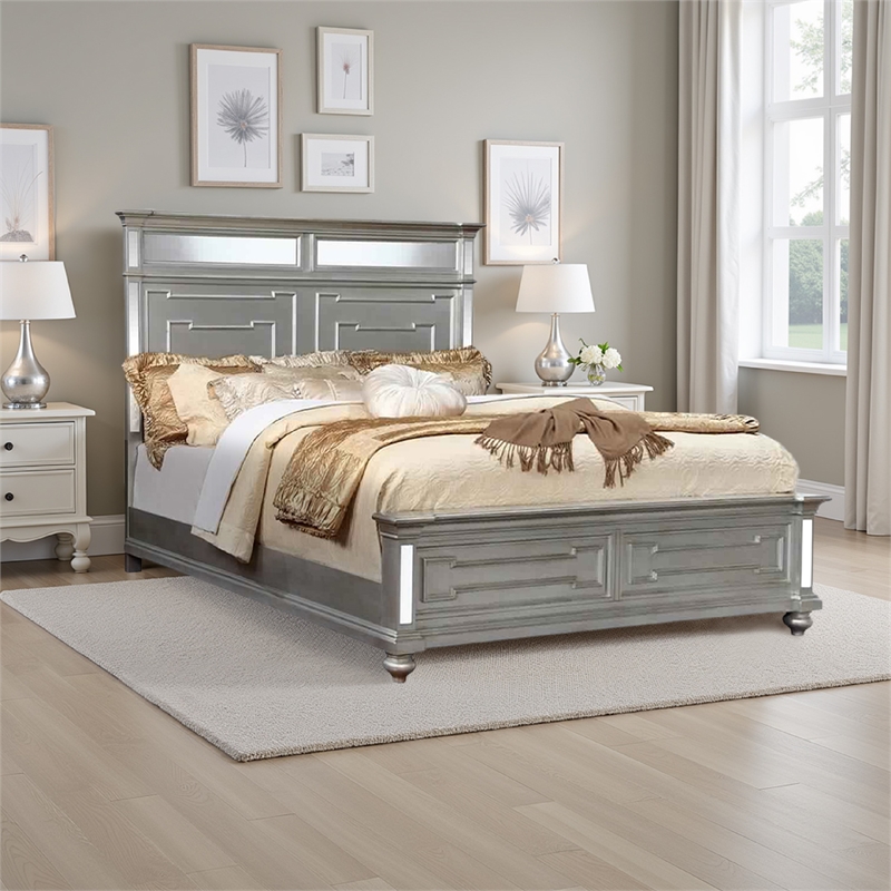 Bowery Hill California King Bed with Mirror Headboard Footboard in Silver