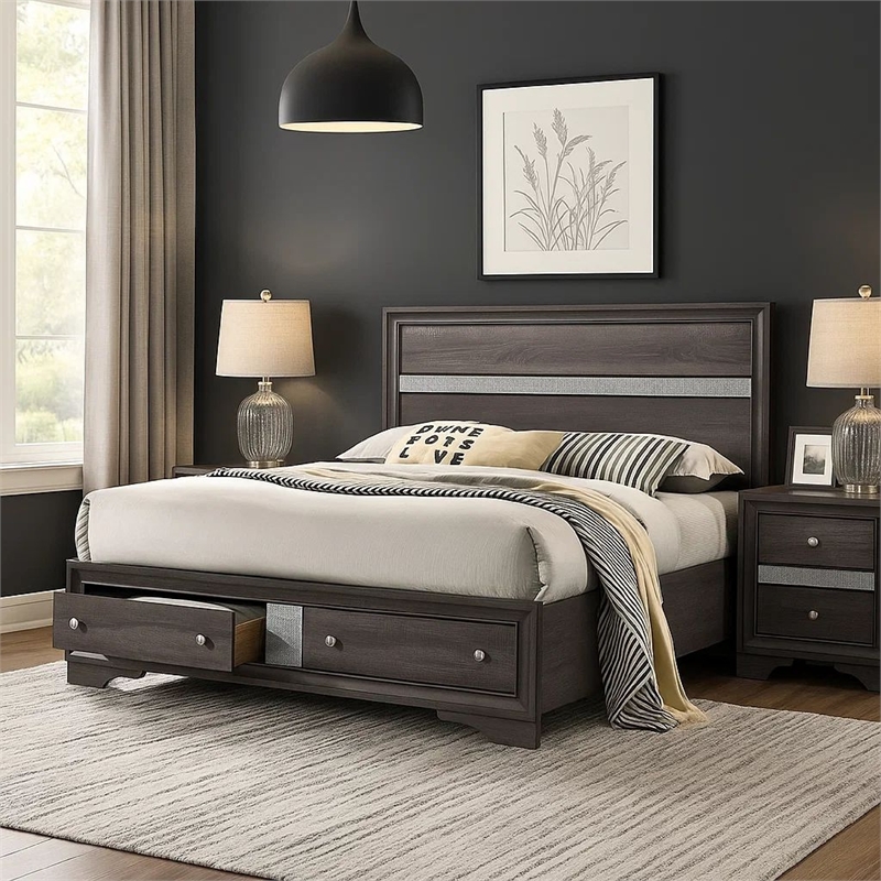 Bowery Hill Panel Eastern King Bed with Silver and Bracket Feet in Gray