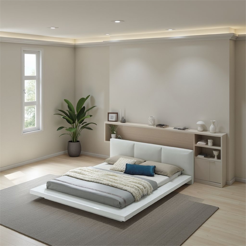 Bowery Hill Platform Eastern King Bed with Leatherette Headboard in White