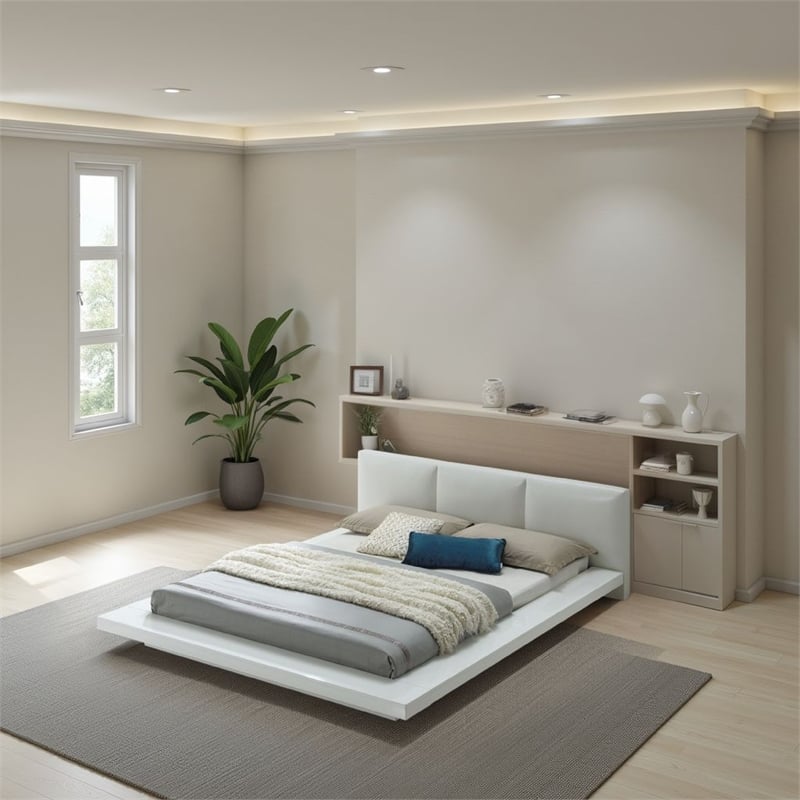 Bowery Hill Platform Eastern King Bed with Leatherette Headboard in White