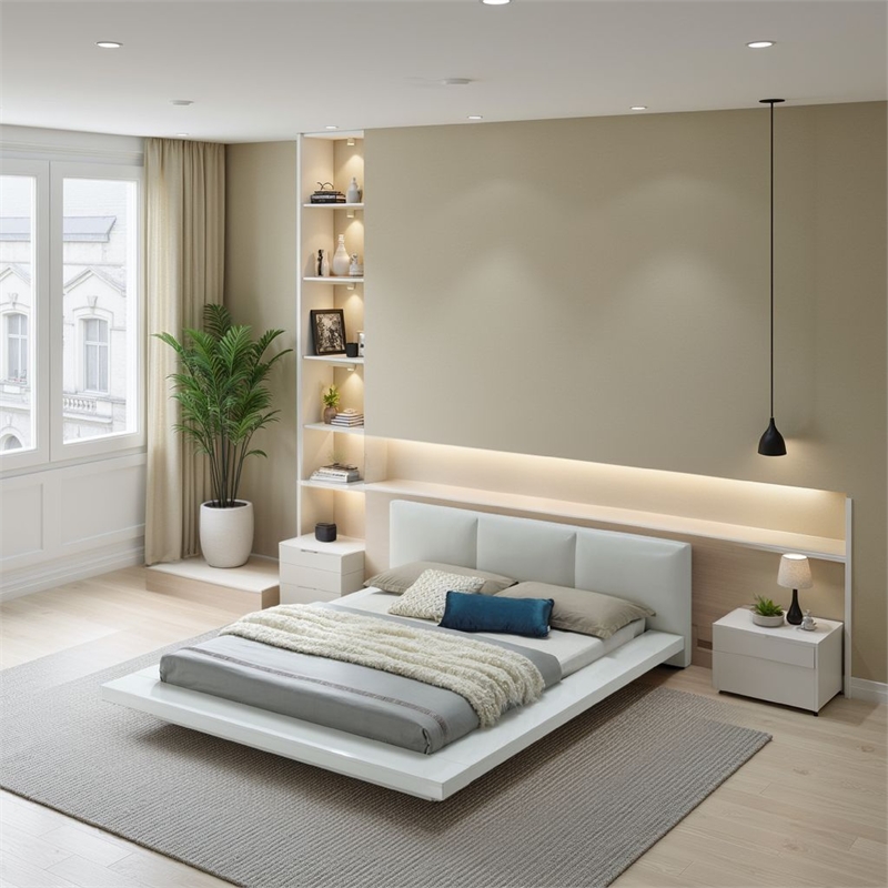 Bowery Hill California King Bed with Leatherette Headboard in White