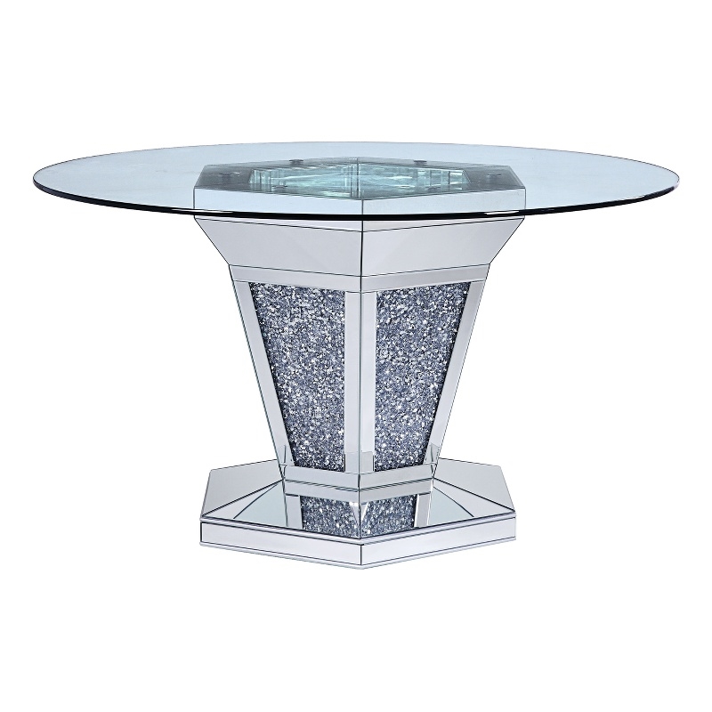 Bowery Hill Faux Crystal and Mirror Dining Table with Pedestal in Silver