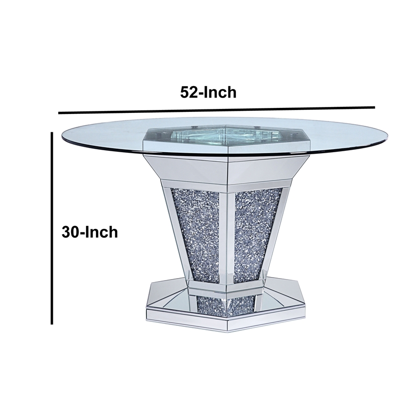 Bowery Hill Faux Crystal and Mirror Dining Table with Pedestal in Silver