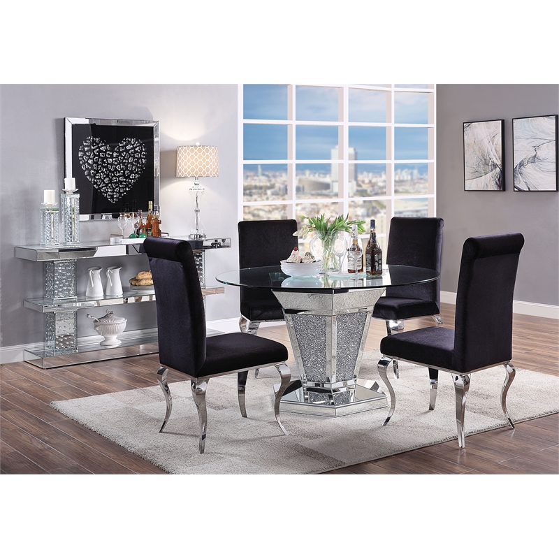 Bowery Hill Faux Crystal and Mirror Dining Table with Pedestal in Silver