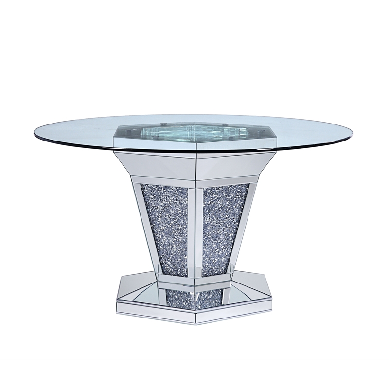 Bowery Hill Faux Crystal and Mirror Dining Table with Pedestal in Silver