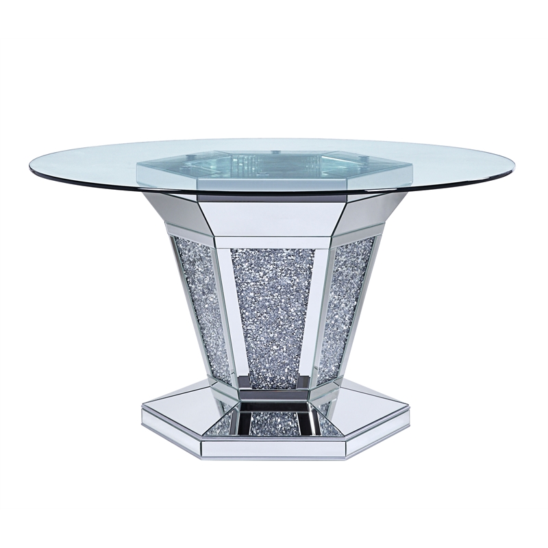 Bowery Hill Faux Crystal and Mirror Dining Table with Pedestal in Silver