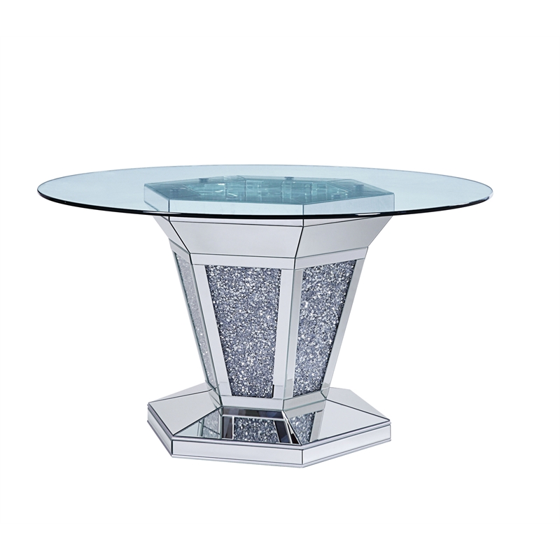 Bowery Hill Faux Crystal and Mirror Dining Table with Pedestal in Silver
