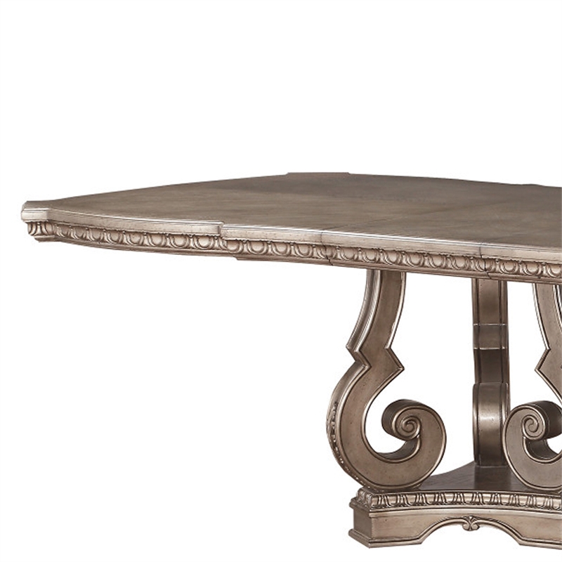 Bowery Hill Wooden Extendable Dining Table with Double Pedestal in Silver
