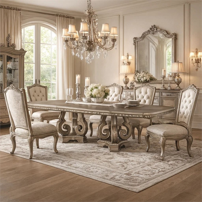 Bowery Hill Wooden Extendable Dining Table with Double Pedestal in Silver
