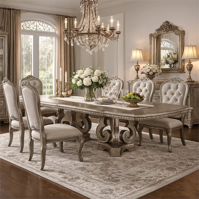 Bowery Hill Wooden Extendable Dining Table with Double Pedestal in Silver