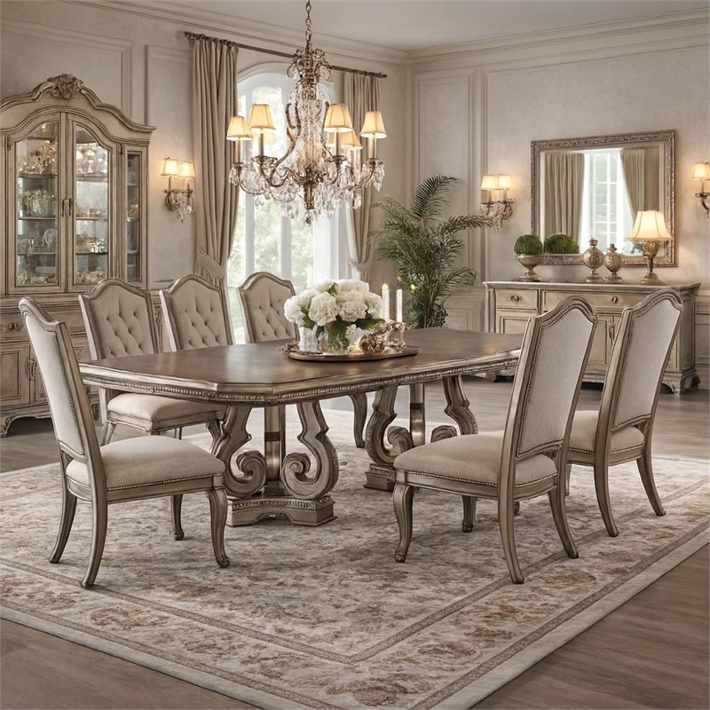 Bowery Hill Wooden Extendable Dining Table with Double Pedestal in Silver