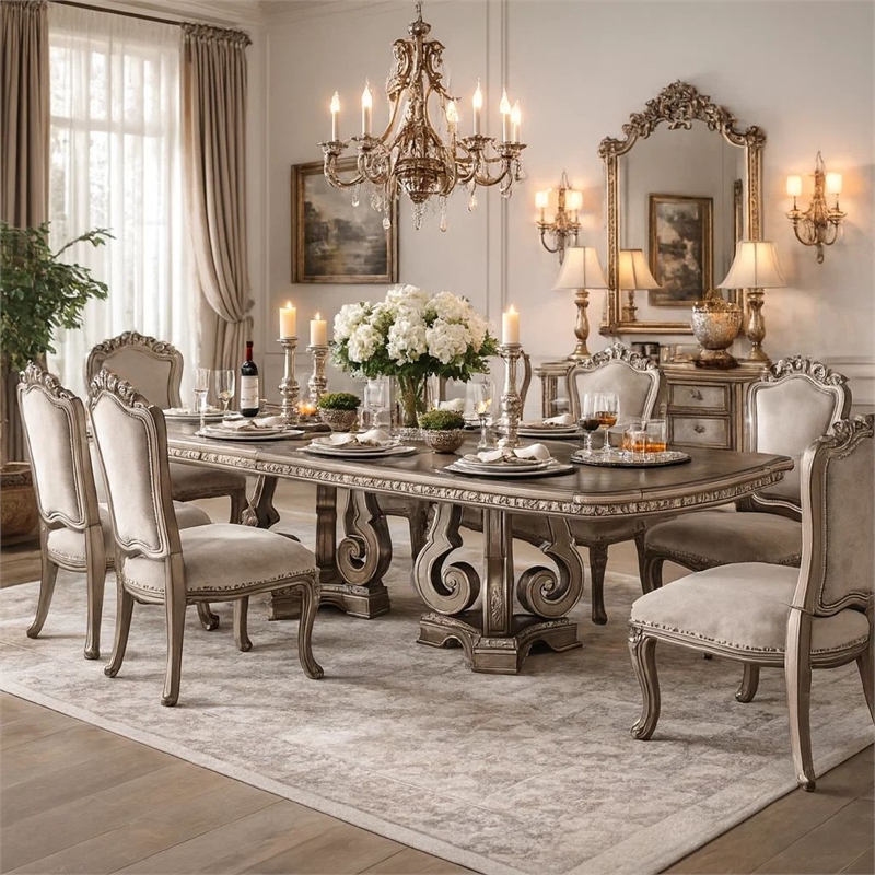 Bowery Hill Wooden Extendable Dining Table with Double Pedestal in Silver