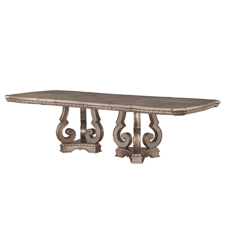 Bowery Hill Wooden Extendable Dining Table with Double Pedestal in Silver